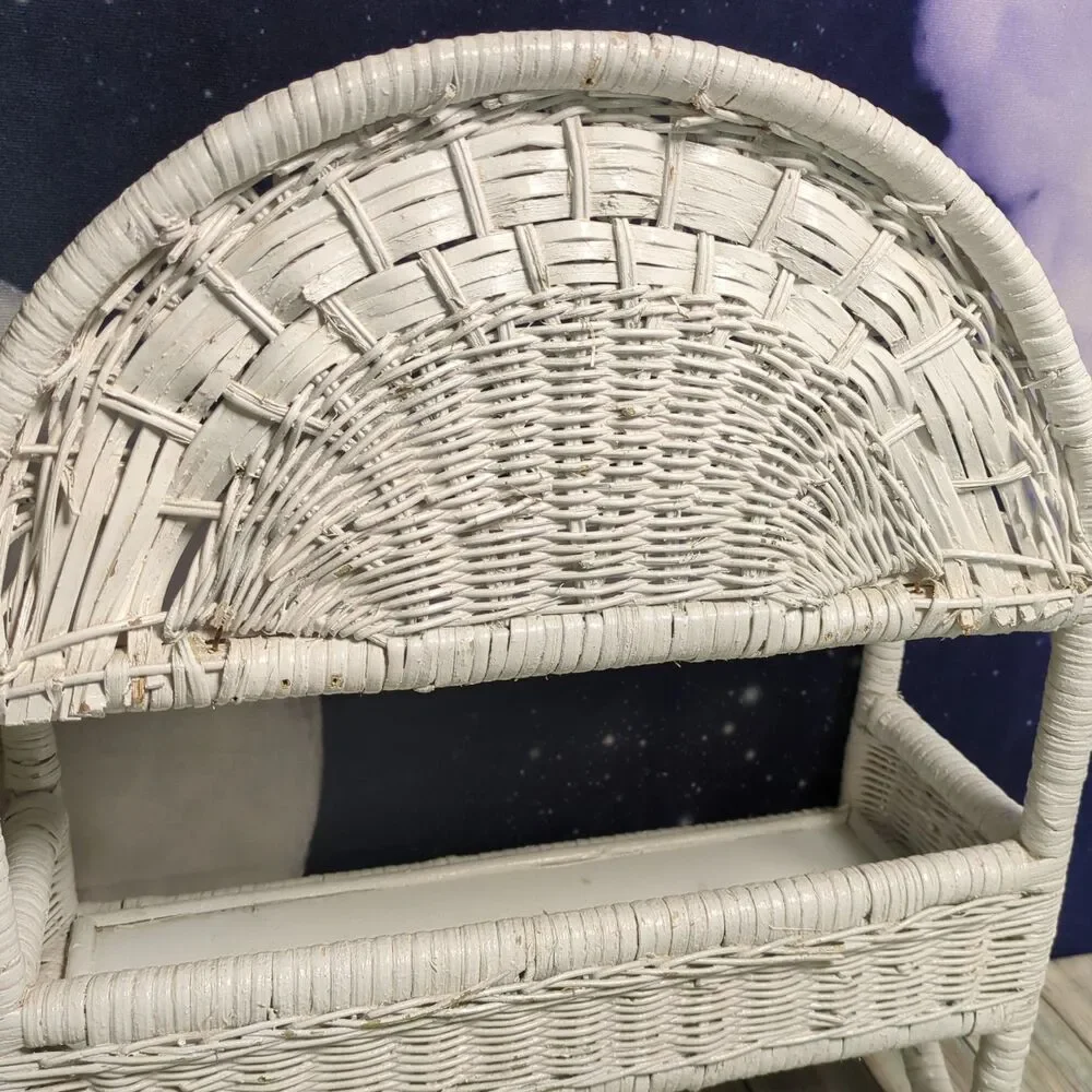 Vintage White Wicker Rattan Hanging Wall Shelf Boho Cottagecore Peacock Style